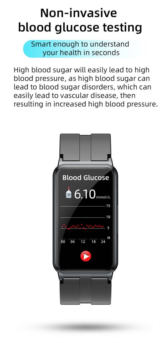 EP01 Blood Glucose Sugar Smart Watch: ECG, HRV, Heart Rate, Temp. 1.47" HD Waterproof Fitness Tracker