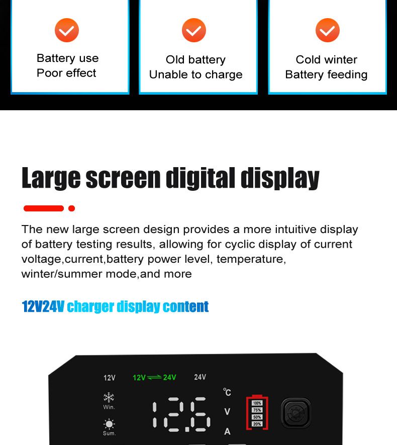 FOXSUR 20A Portable Car Battery Charger 12V 24V for Motorcycle Truck AGM LiFePO4 Lead Acid Battery Maintenance