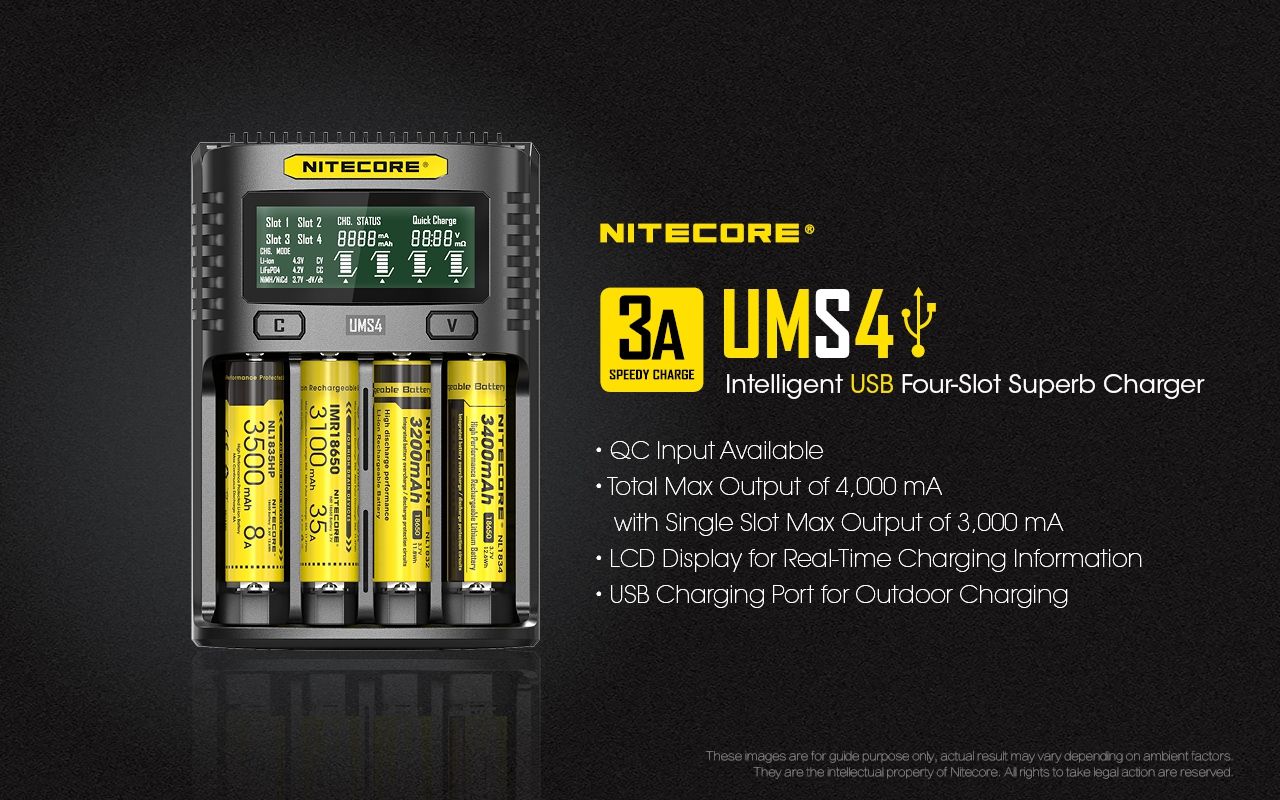 Nitecore UMS4 Intelligent USB Four-Slot Fast Charger with USB-C for 18650 21700 26650 Smart Charging
