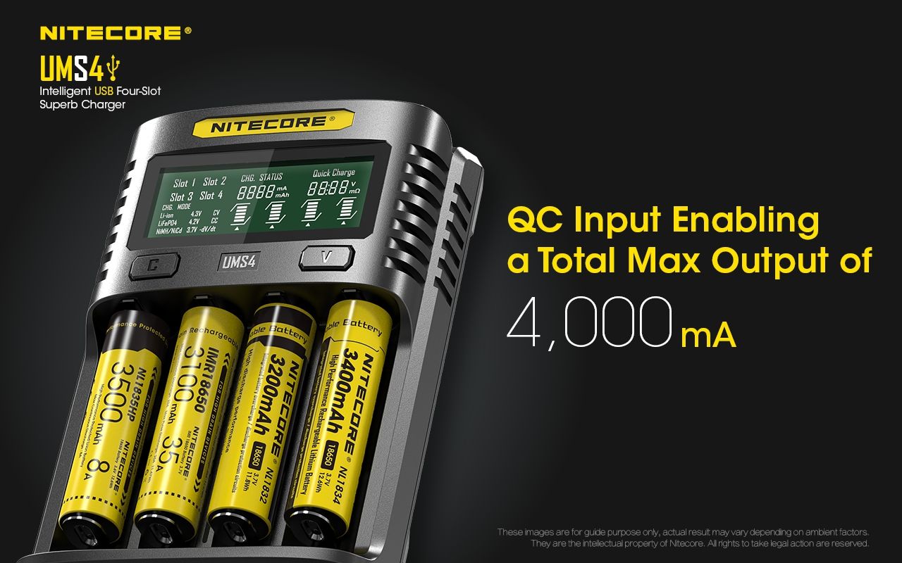 Nitecore UMS4 Intelligent USB Four-Slot Fast Charger with USB-C for 18650 21700 26650 Smart Charging