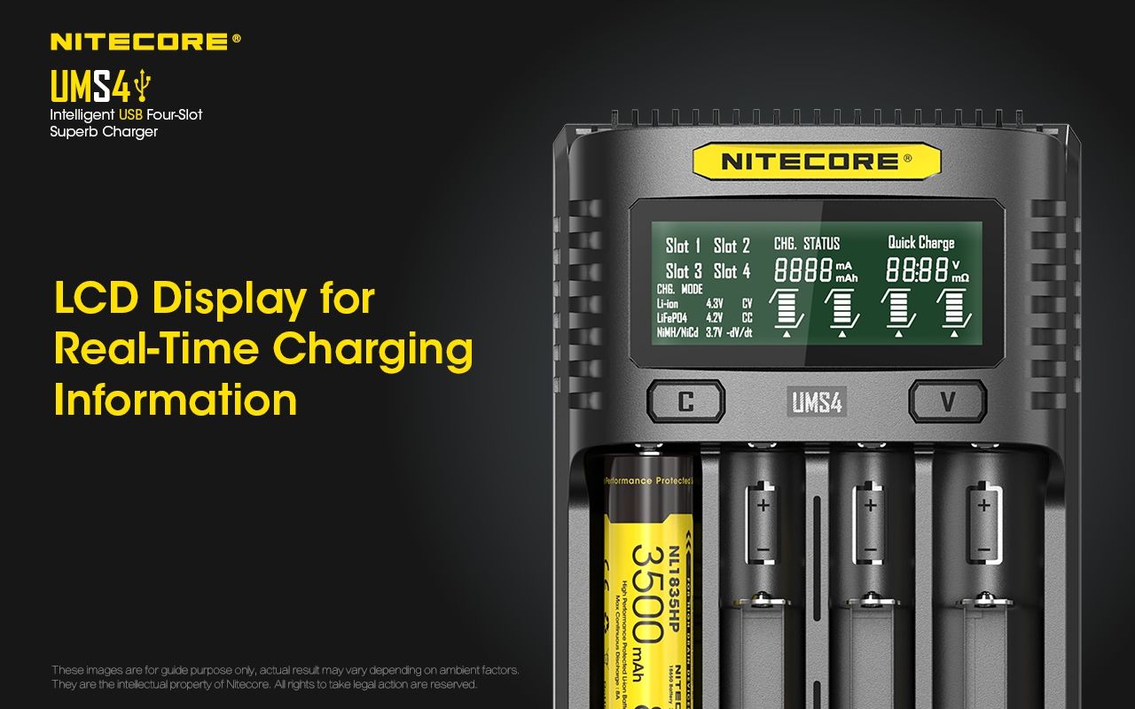 Nitecore UMS4 Intelligent USB Four-Slot Fast Charger with USB-C for 18650 21700 26650 Smart Charging