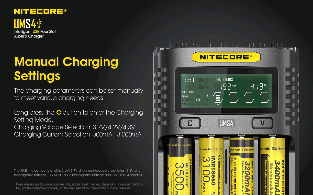 Nitecore UMS4 Intelligent USB Four-Slot Fast Charger with USB-C for 18650 21700 26650 Smart Charging