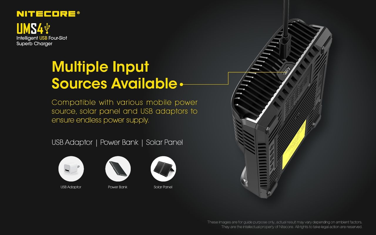 Nitecore UMS4 Intelligent USB Four-Slot Fast Charger with USB-C for 18650 21700 26650 Smart Charging