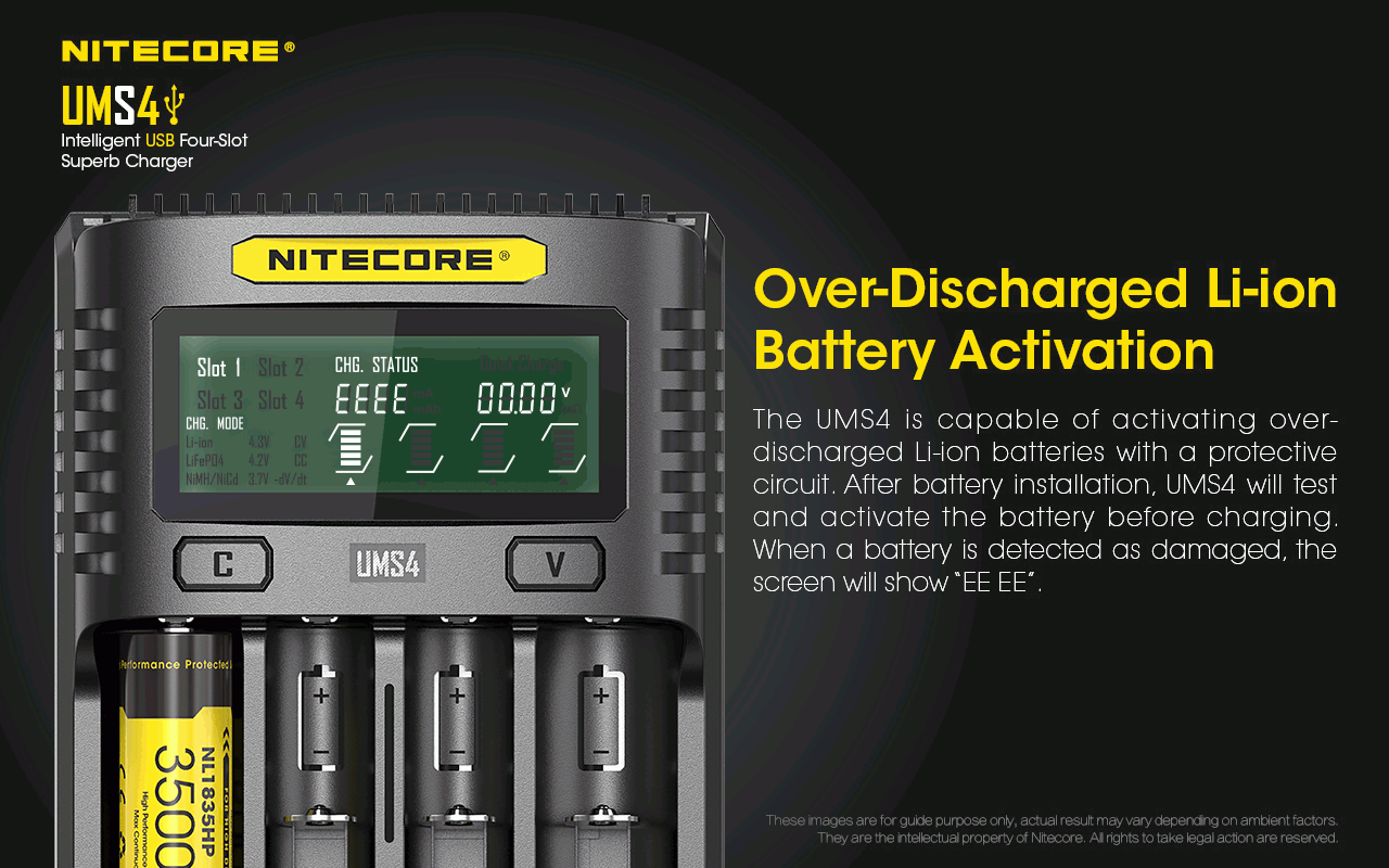 Nitecore UMS4 Intelligent USB Four-Slot Fast Charger with USB-C for 18650 21700 26650 Smart Charging