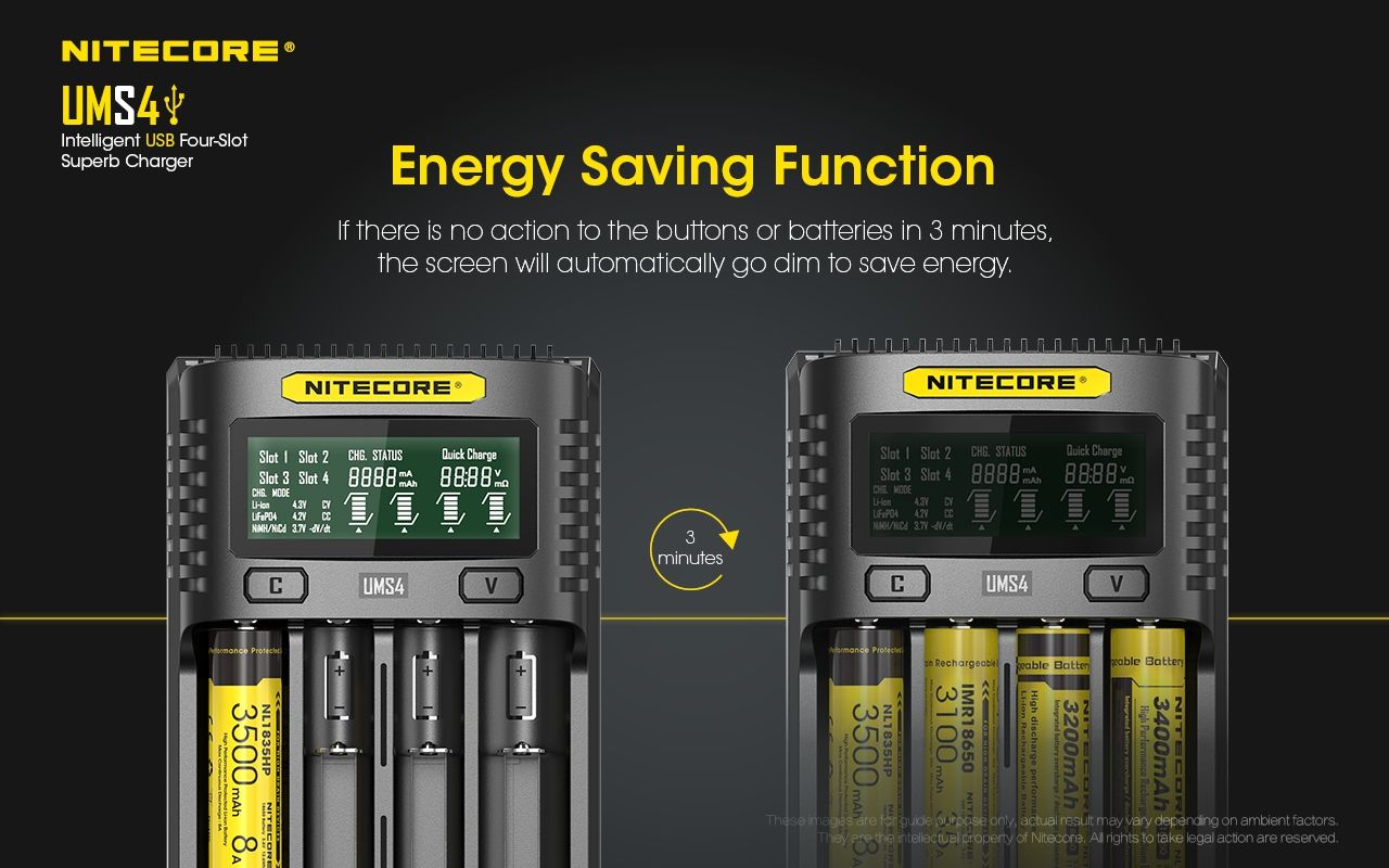 Nitecore UMS4 Intelligent USB Four-Slot Fast Charger with USB-C for 18650 21700 26650 Smart Charging