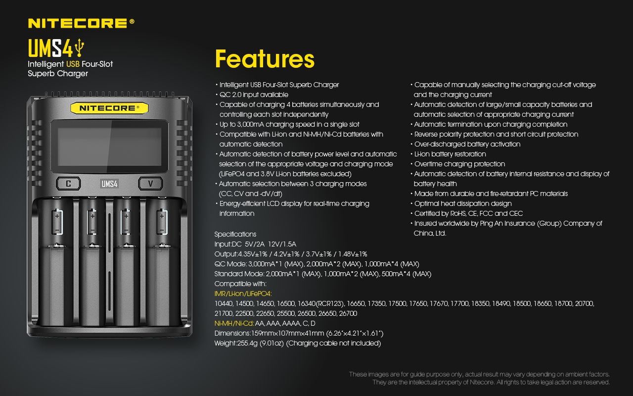 Nitecore UMS4 Intelligent USB Four-Slot Fast Charger with USB-C for 18650 21700 26650 Smart Charging