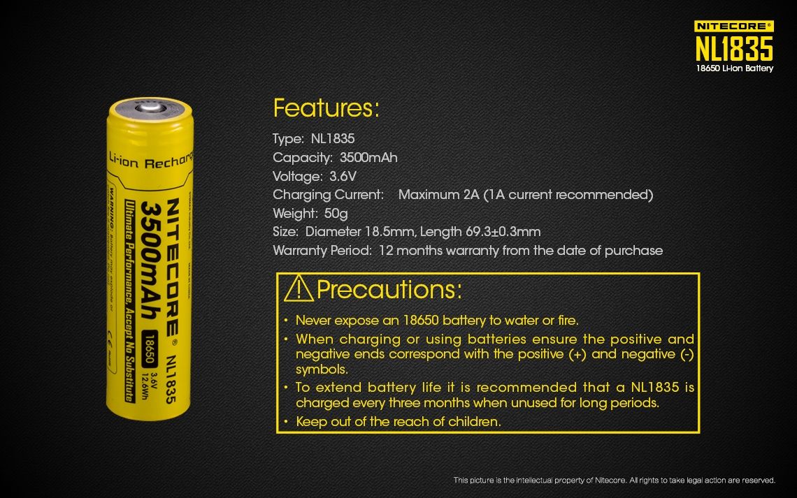 Nitecore 18650 NL1835 3500mAh Li-ion Rechargeable Battery for Long-lasting Power and Reliable Performance