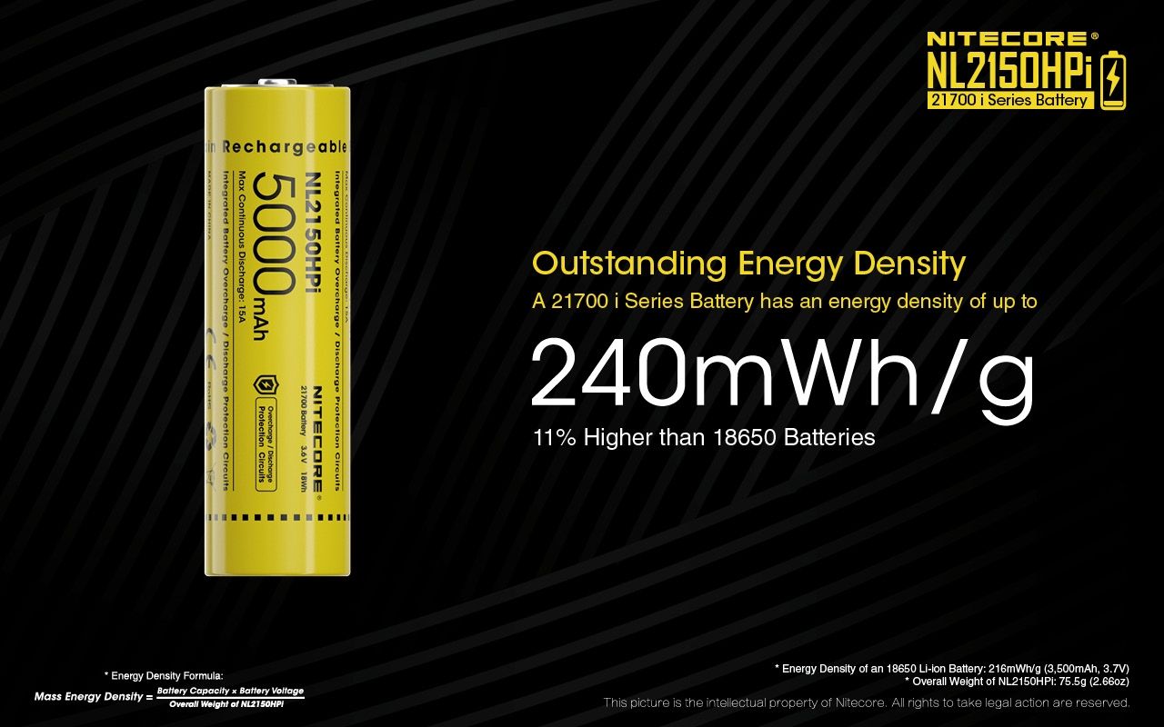 NITECORE NL2150HPi 5000mAh 21700 Li-ion Rechargeable Battery High Performance for Flashlight and Vape