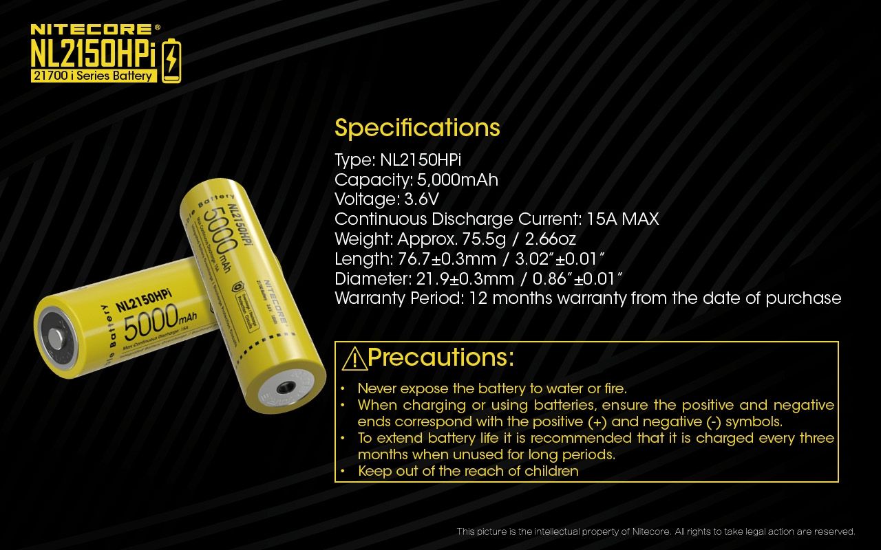 NITECORE NL2150HPi 5000mAh 21700 Li-ion Rechargeable Battery High Performance for Flashlight and Vape