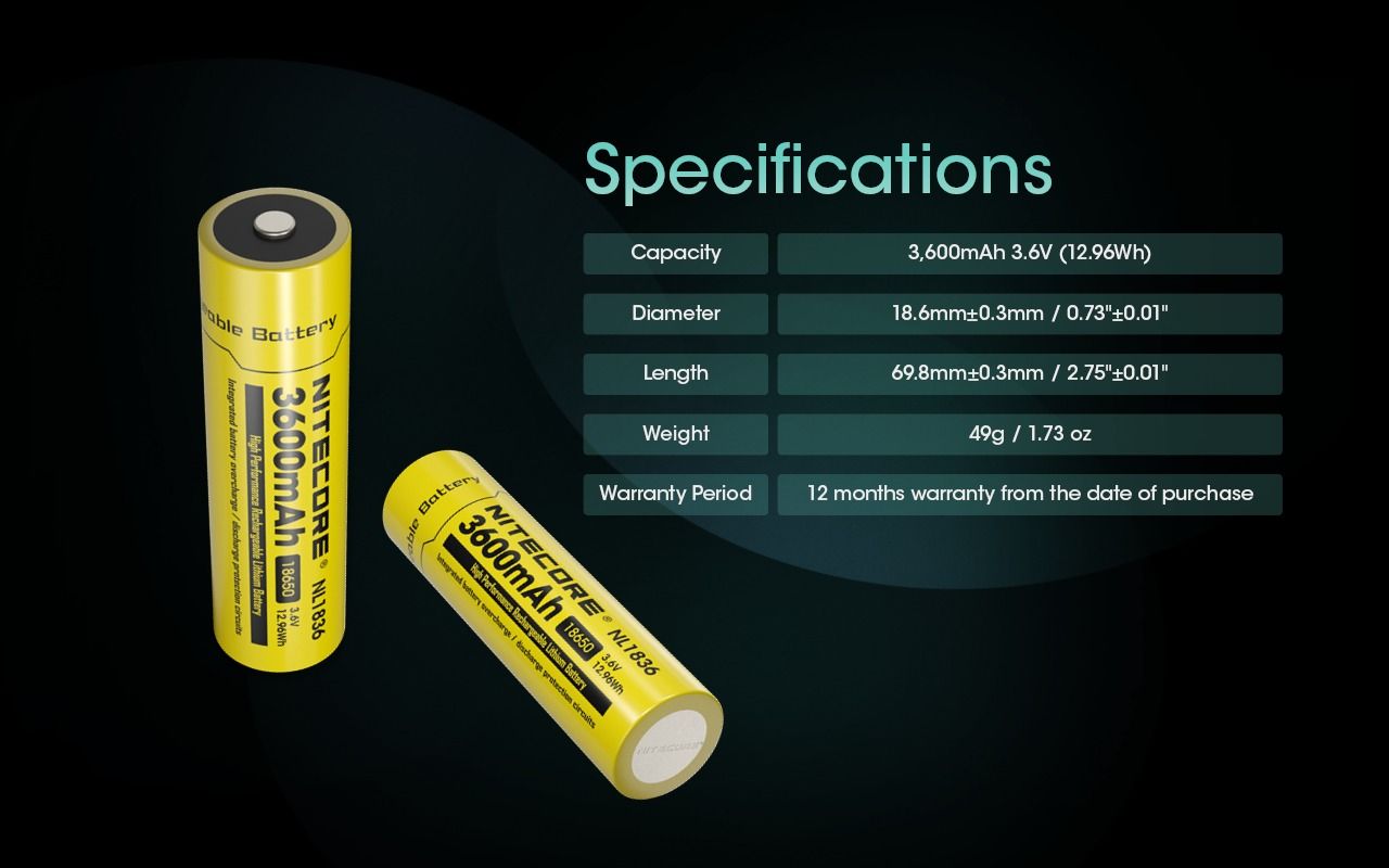 Nitecore 18650 NL1836 3600mAh Li-ion Rechargeable Battery