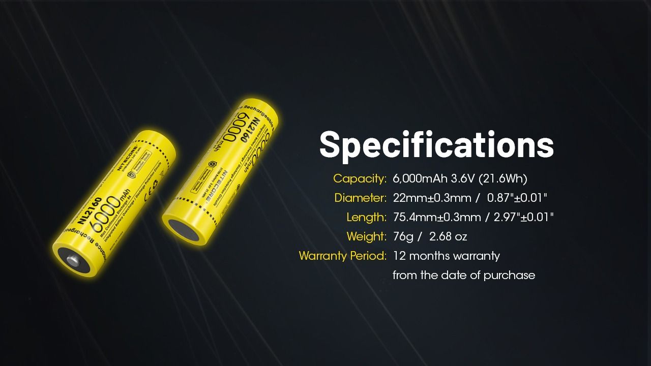 NITECORE NL2160 6000mAh 21700 Li-ion Rechargeable Battery 