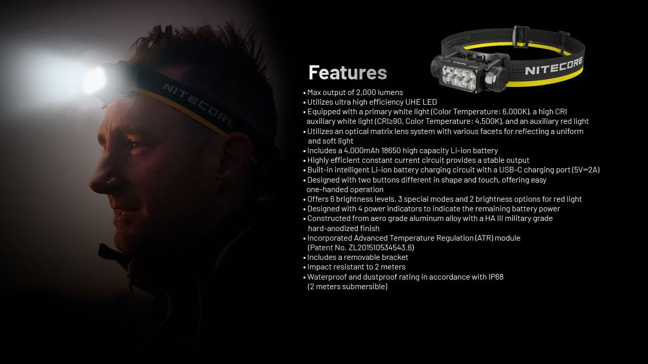 NITECORE HC65 UHE Headlamp 2000 Lumens USB-C Rechargeable LED Headlight for Camping Hiking Long Battery Life