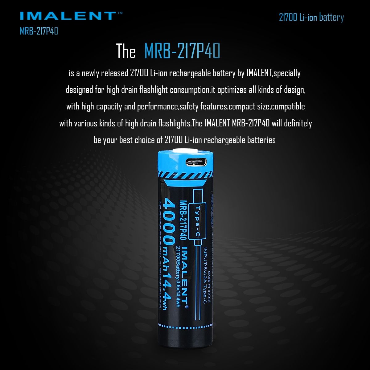 IMALENT MRB-217P40 21700 Battery 4000mAh Type-C Rechargeable High Capacity for Flashlights and Gadgets