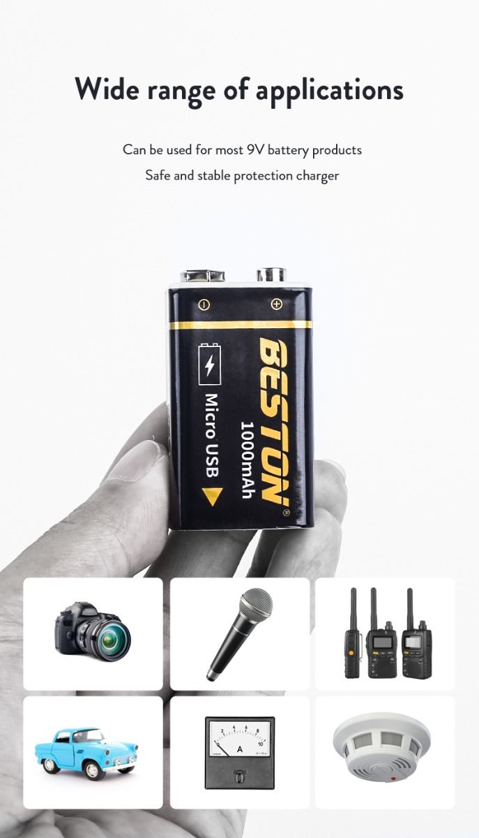 Beston 9V 1000mAh Micro USB Rechargeable Battery Eco-Friendly Power for RC Helicopter Microphone and Toys