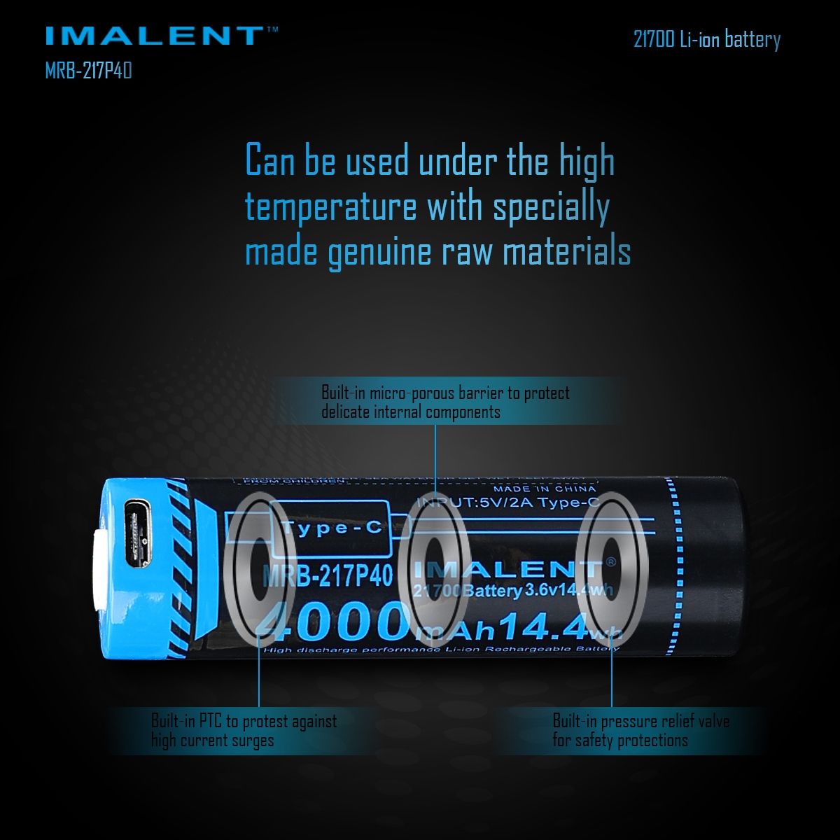 IMALENT MRB-217P40 21700 Battery 4000mAh Type-C Rechargeable High Capacity for Flashlights and Gadgets
