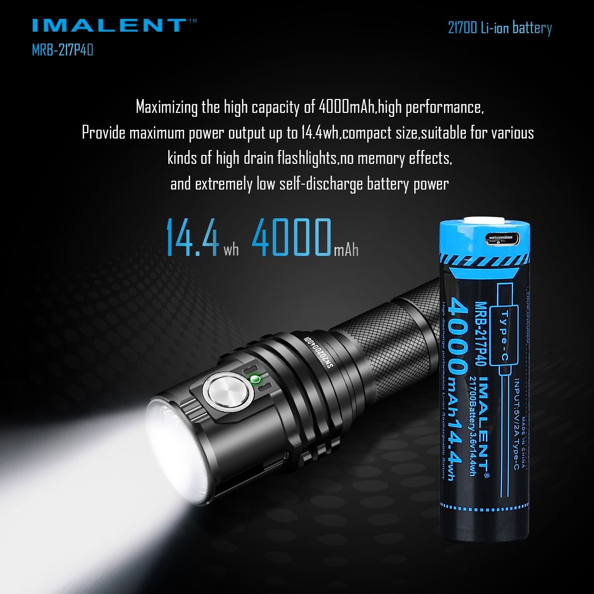 IMALENT MRB-217P40 21700 Battery 4000mAh Type-C Rechargeable High Capacity for Flashlights and Gadgets