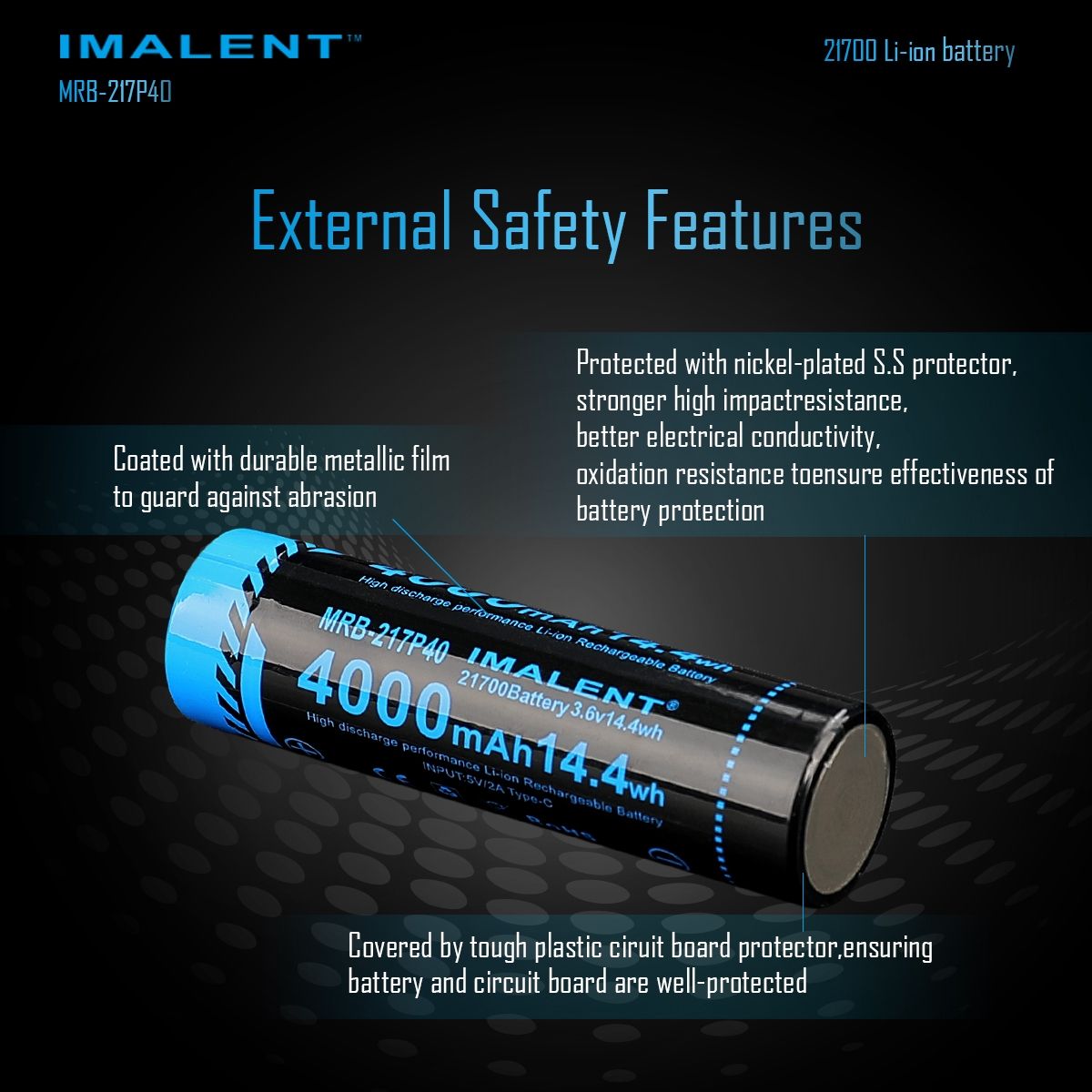 IMALENT MRB-217P40 21700 Battery 4000mAh Type-C Rechargeable High Capacity for Flashlights and Gadgets