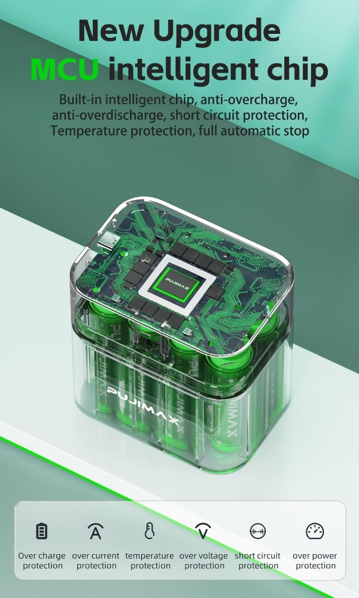 8-Slot Charger Smart Flip Top Compartment with Type-C Port for Efficient Charging of AA Lithium Batteries