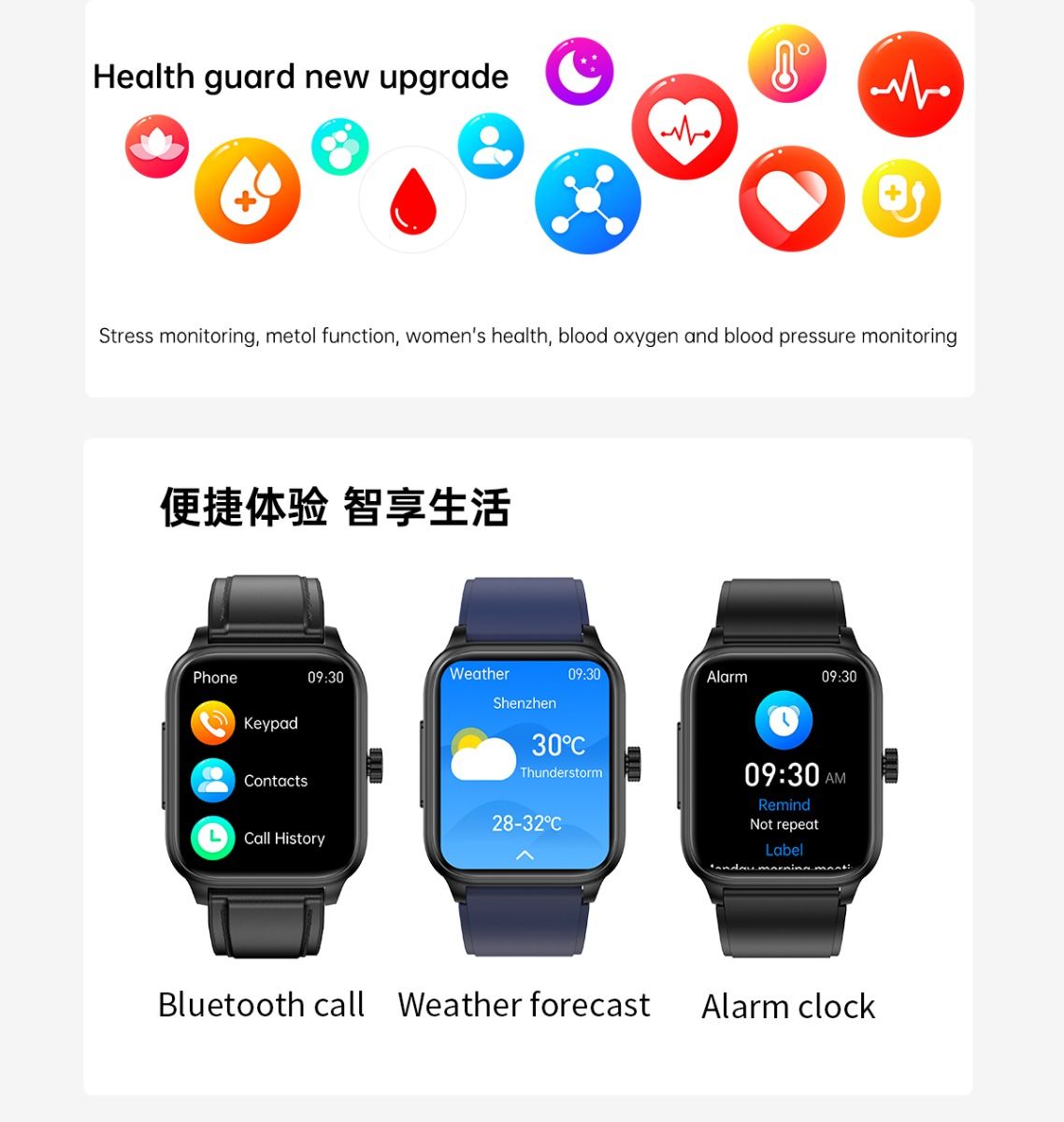 ET540 Blood glucose ECG Body temperature Blood pressure Blood oxygen Heart rate Bluetooth call Smartwatch Fitness Tracker