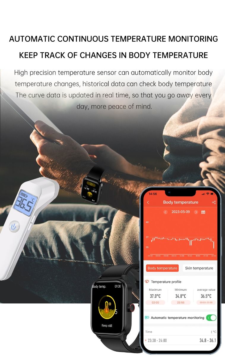 ET540 Blood glucose ECG Body temperature Blood pressure Blood oxygen Heart rate Bluetooth call Smartwatch Fitness Tracker