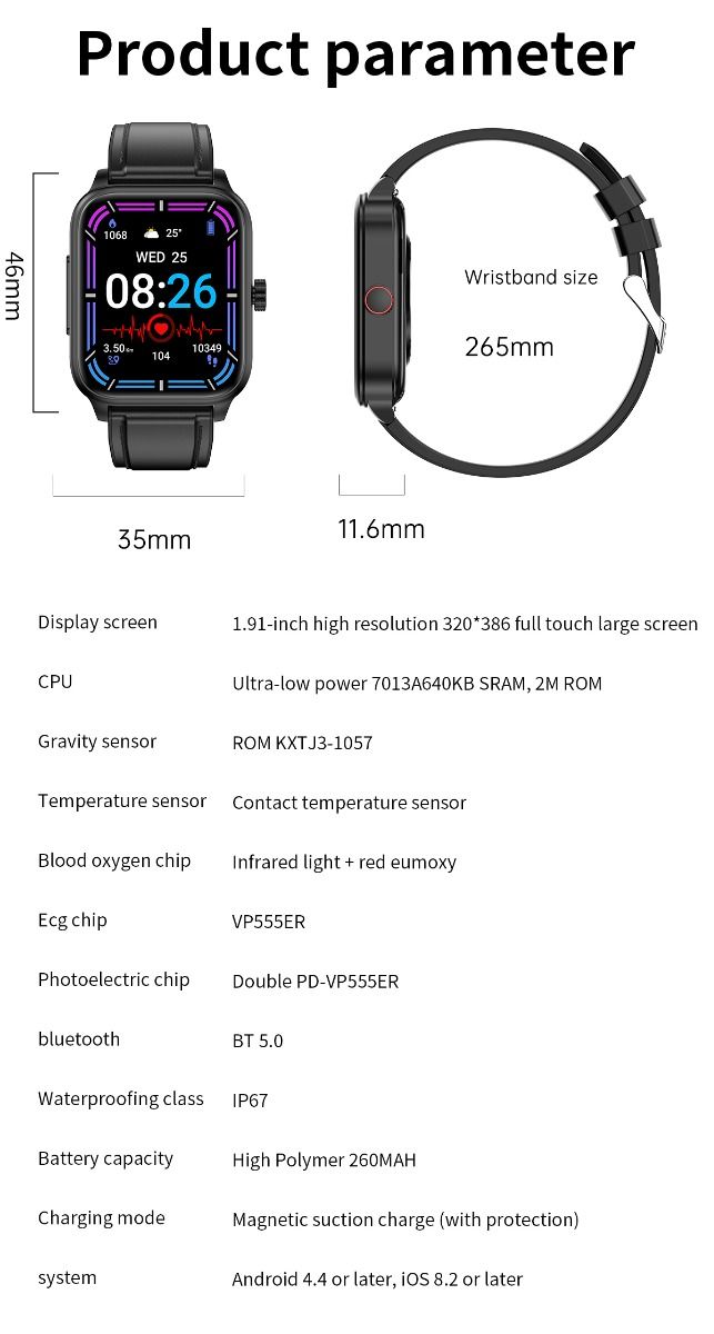 ET540 Blood glucose ECG Body temperature Blood pressure Blood oxygen Heart rate Bluetooth call Smartwatch Fitness Tracker