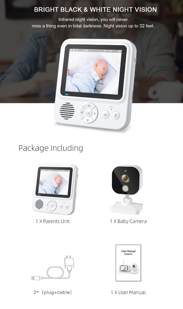 Experience Peace of Mind with AMB900 2.8 Inch Video Baby Monitor 720P HD Night Vision and Two Way Intercom