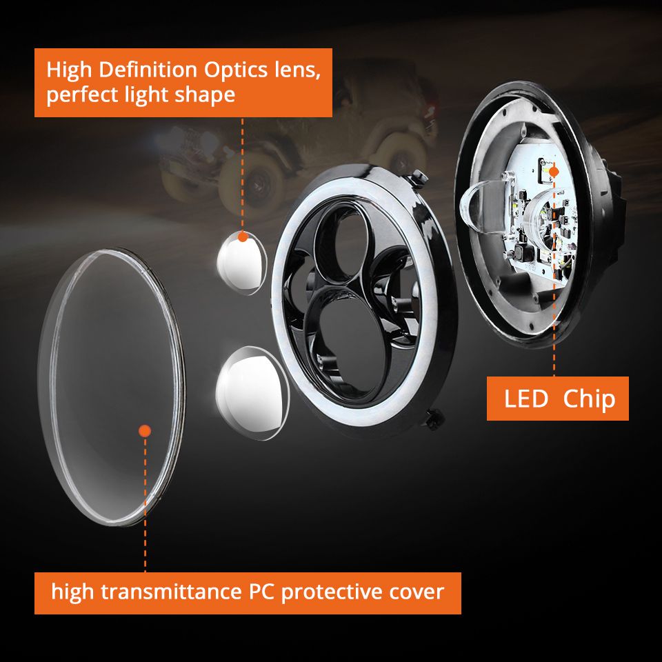 Motorcycle LIGHT 7 Inch LED Headlight for Jeep Wrangler Lada Niva 4x4 Bright Yellow White Angel Eye Weatherproof Design