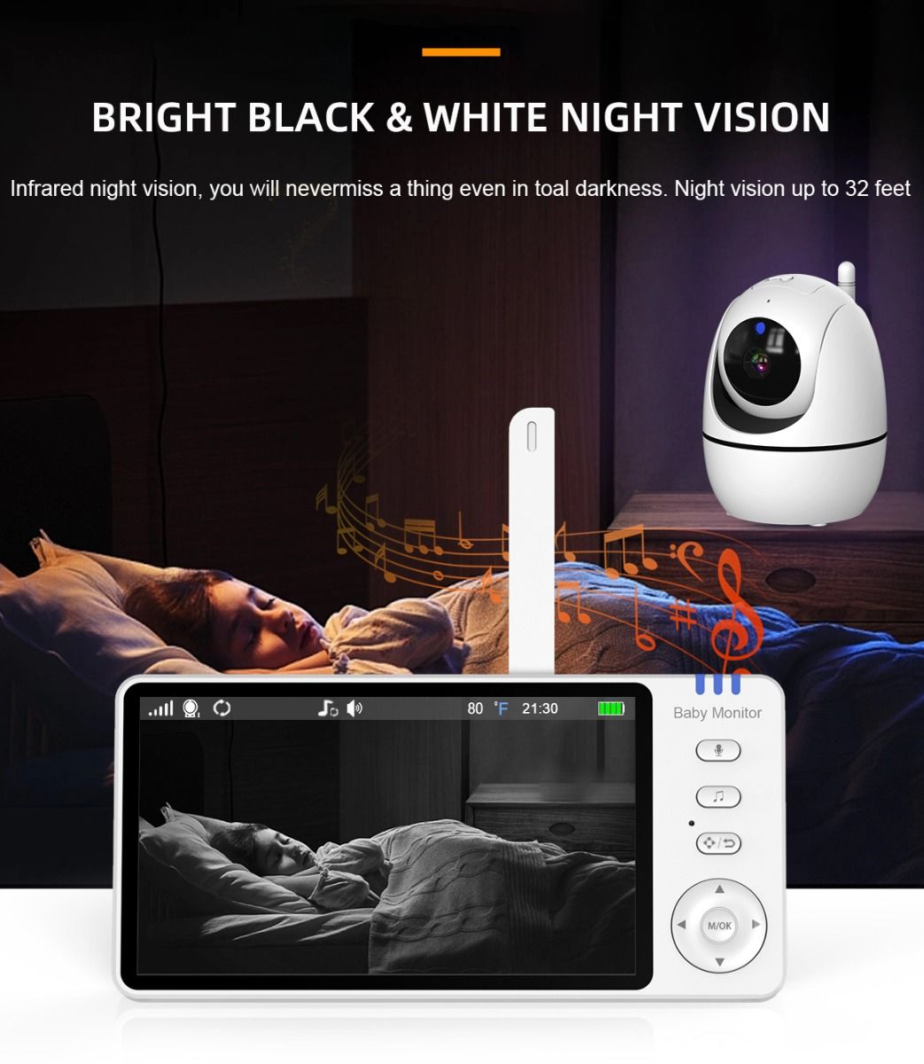 ABM501 Video Baby Monitor 2.4G Wireless 5.0 Inches LCD Night Vision Two Way Audio for Family Safety
