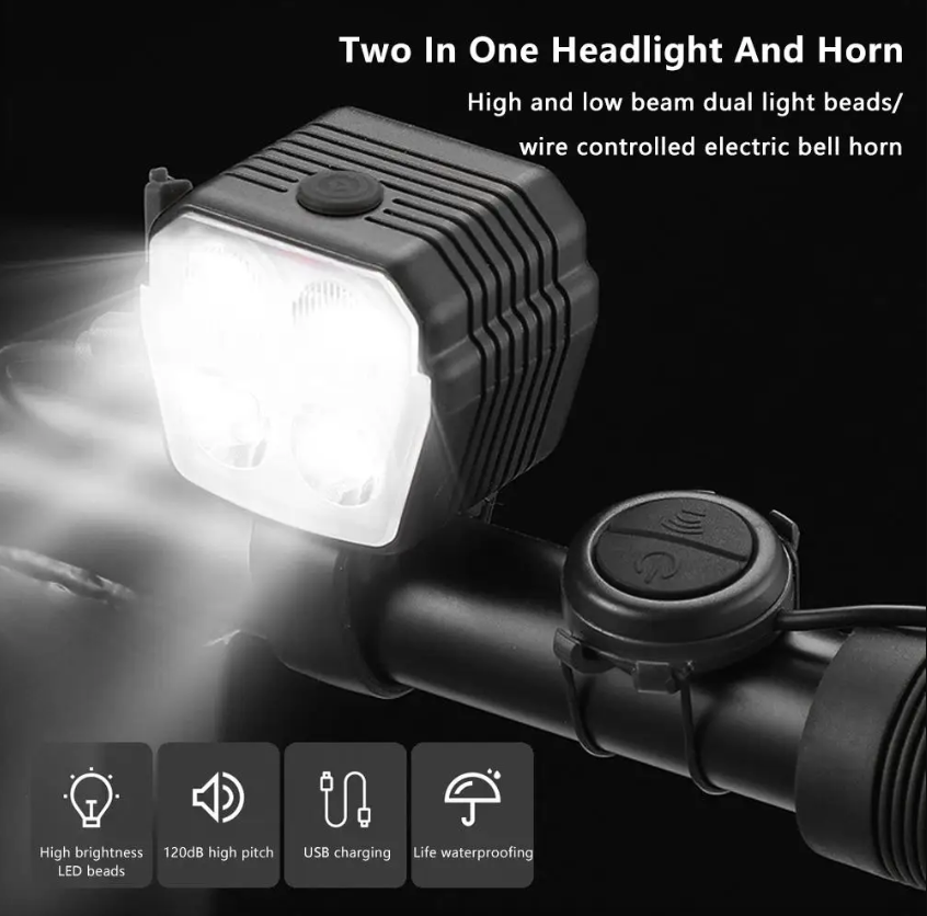 Bicycle Headlight Horn 2-In-1 mtb Bike Near And Far Lights 2/4 Lamp Beaded Wire Control Bell Horn Bike Accessories