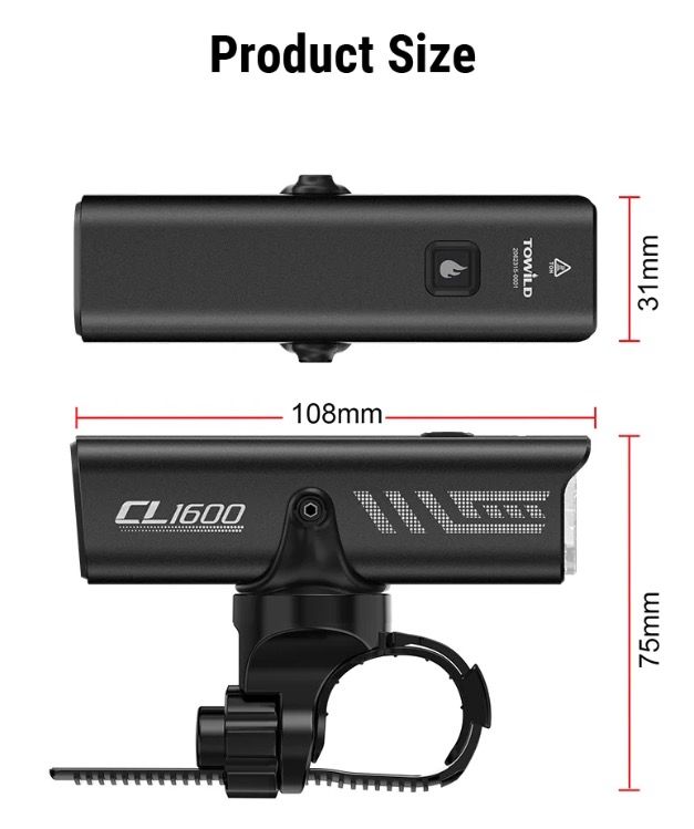TOWILD CL1600 USB Rechargeable 1600LM Bike Light LED Front Lamp with Adjustable Brightness for Night Riding
