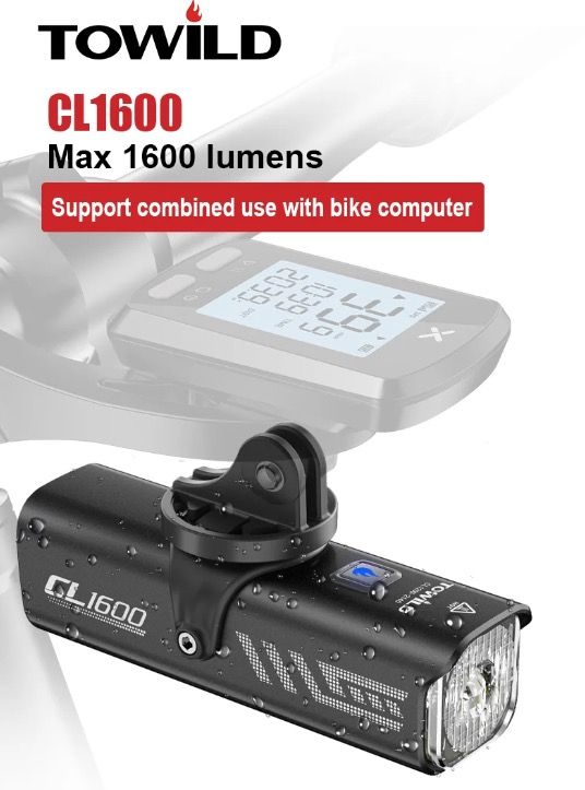TOWILD CL1600 USB Rechargeable 1600LM Bike Light LED Front Lamp with Adjustable Brightness for Night Riding