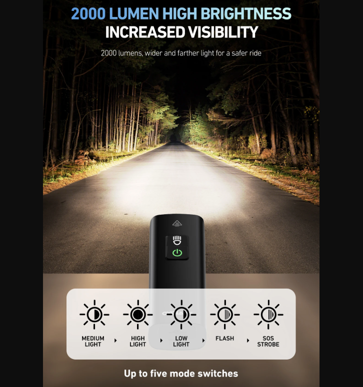 CYCLAMI Bike Headlight BR2000 Bicycle Front Light Type-C MTB Road Highlight Lamp Handlebar Cycling Lights