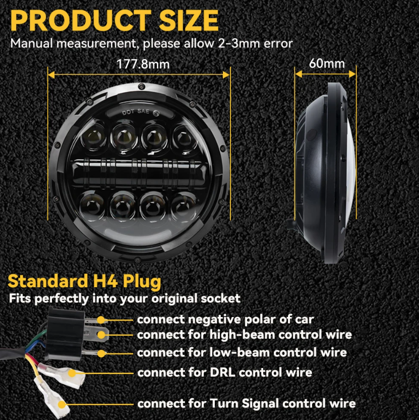 7 Inch Motorcycle LED Headlight  Beam DRL Turn Signal 7" Round Headlamp for Harley Jeep Wrangler Hummer 