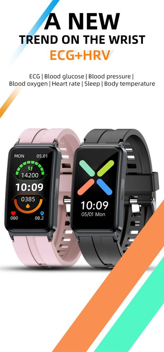 EP01 Blood Glucose Sugar Smart Watch: ECG, HRV, Heart Rate, Temp. 1.47" HD Waterproof Fitness Tracker