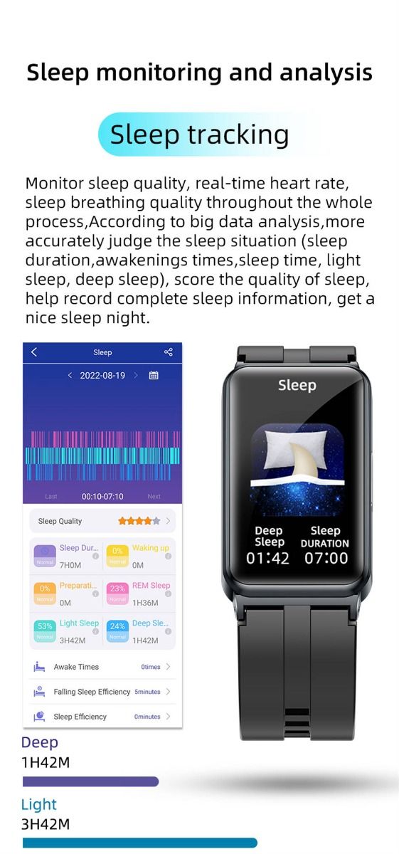 EP01 Blood Glucose Sugar Smart Watch: ECG, HRV, Heart Rate, Temp. 1.47" HD Waterproof Fitness Tracker