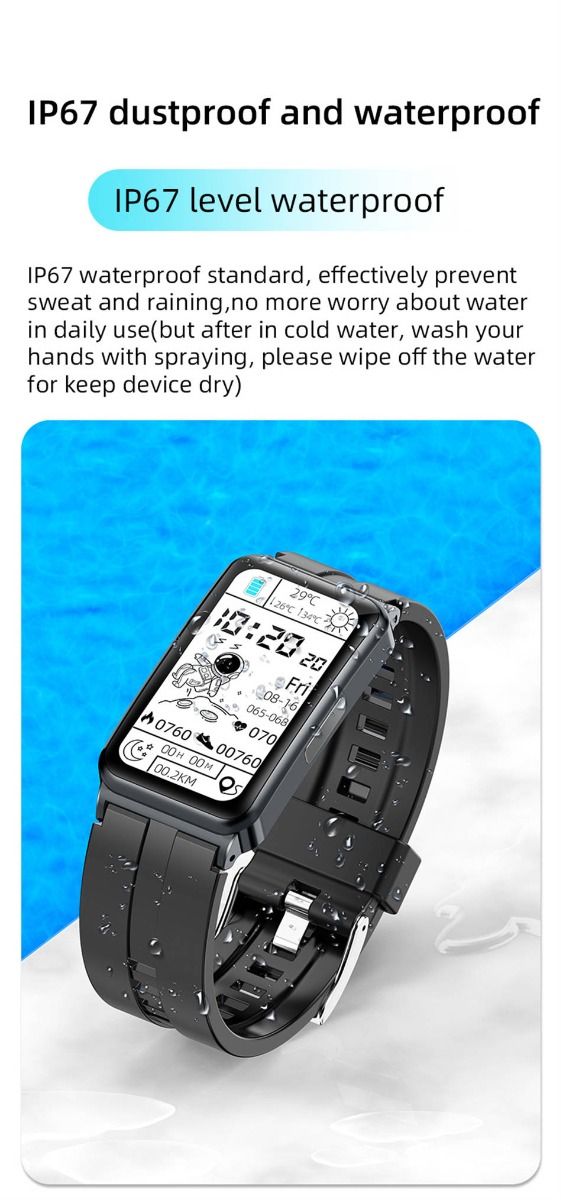 EP01 Blood Glucose Sugar Smart Watch: ECG, HRV, Heart Rate, Temp. 1.47" HD Waterproof Fitness Tracker