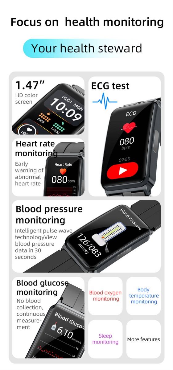 EP01 Blood Glucose Sugar Smart Watch: ECG, HRV, Heart Rate, Temp. 1.47" HD Waterproof Fitness Tracker