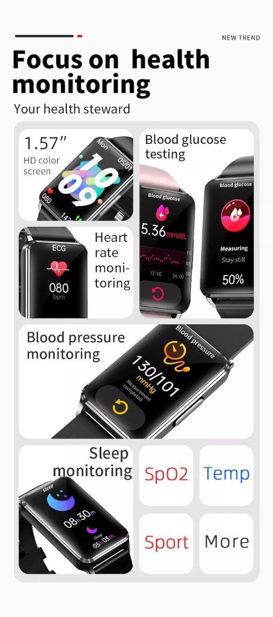 EP02 Blood Glucose Sugar Smart Watch ECG HRV heart rate temperature 1.57" HD waterproof Smart Bracelet Band Fitness Tracker