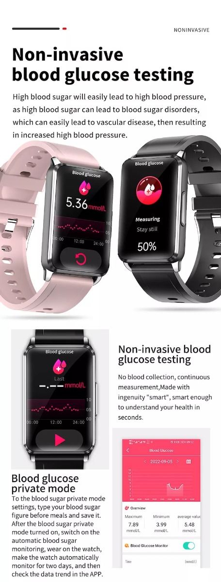 EP02 Blood Glucose Sugar Smart Watch ECG HRV heart rate temperature 1.57" HD waterproof Smart Bracelet Band Fitness Tracker