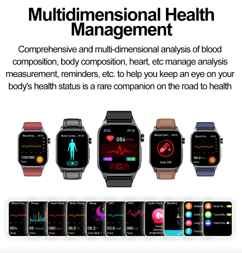 E580 Blood Glucose Smart Watch ECG Heart Rate Blood Pressure IP68 Waterproof Smartwatch