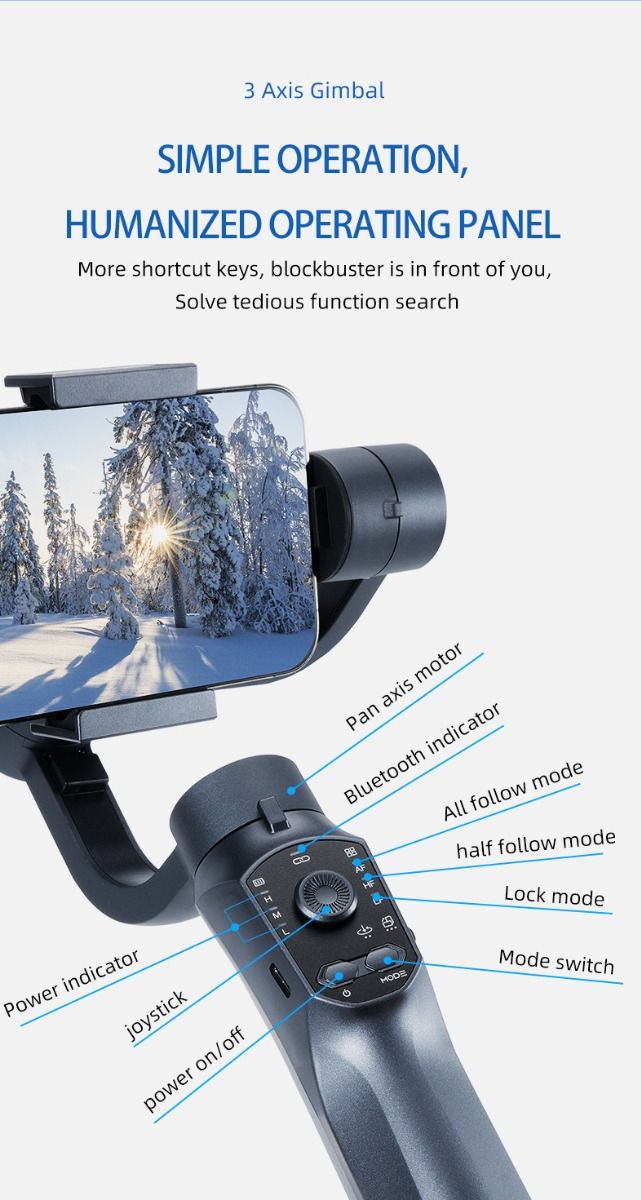 F10 Pro Stabilizer 3-Axis Phone Gimbal for Mobile Filmmaking with Smartphone Compatibility and Face Recognition