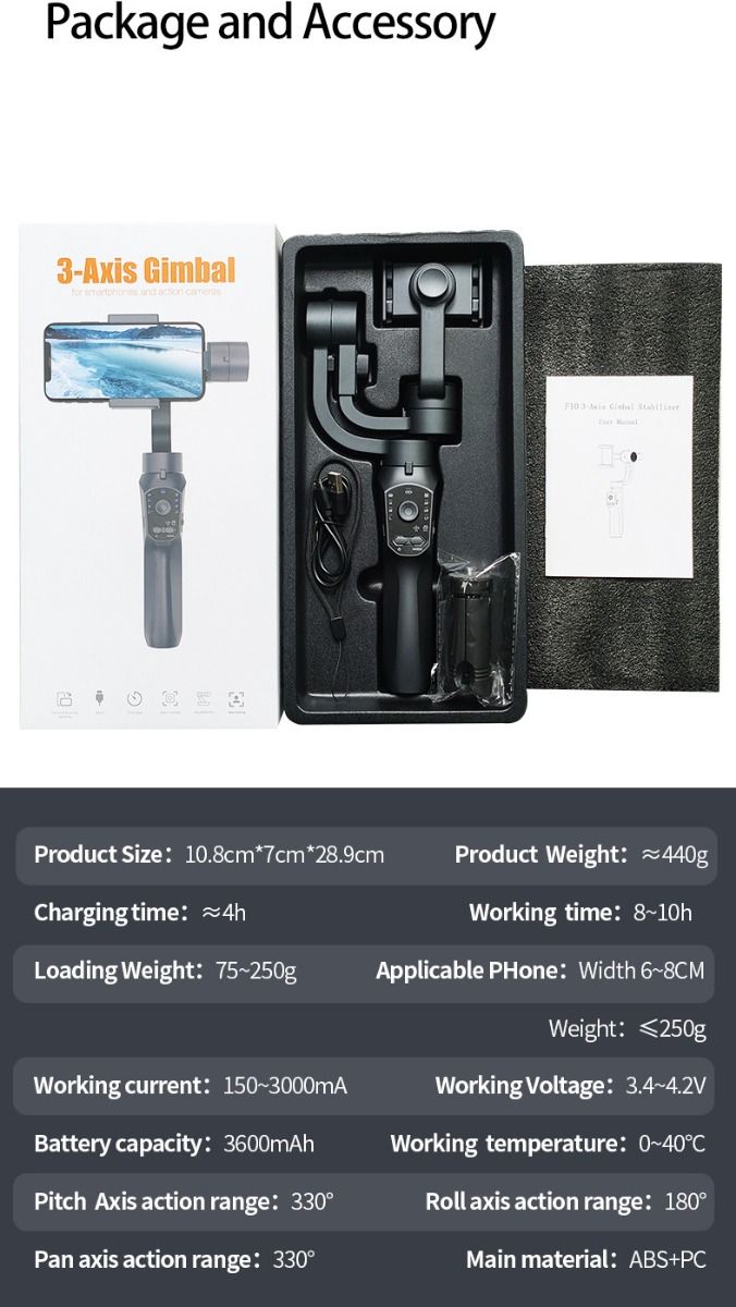 F10 Pro Stabilizer 3-Axis Phone Gimbal for Mobile Filmmaking with Smartphone Compatibility and Face Recognition