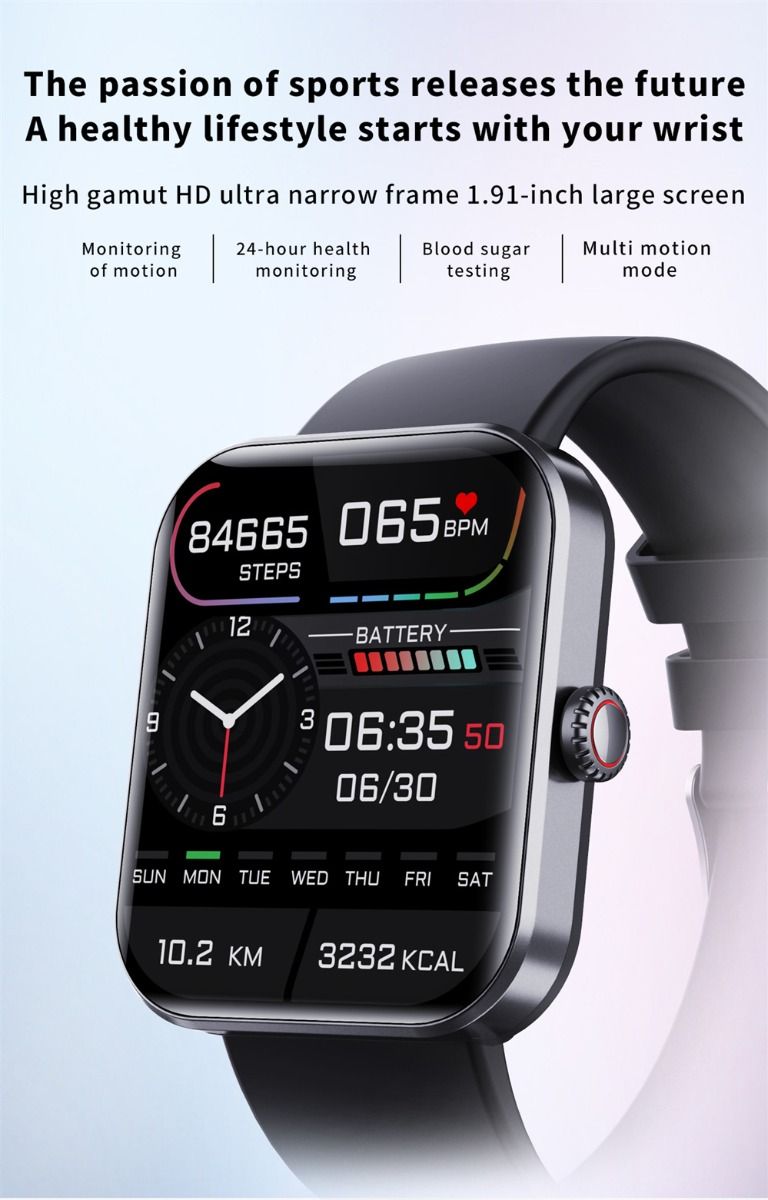 F57L Smart Watch Blood Glucose Blood Pressure Heart Rate Temperature Monitoring Sport Monitoring 1.91 Inch Sn