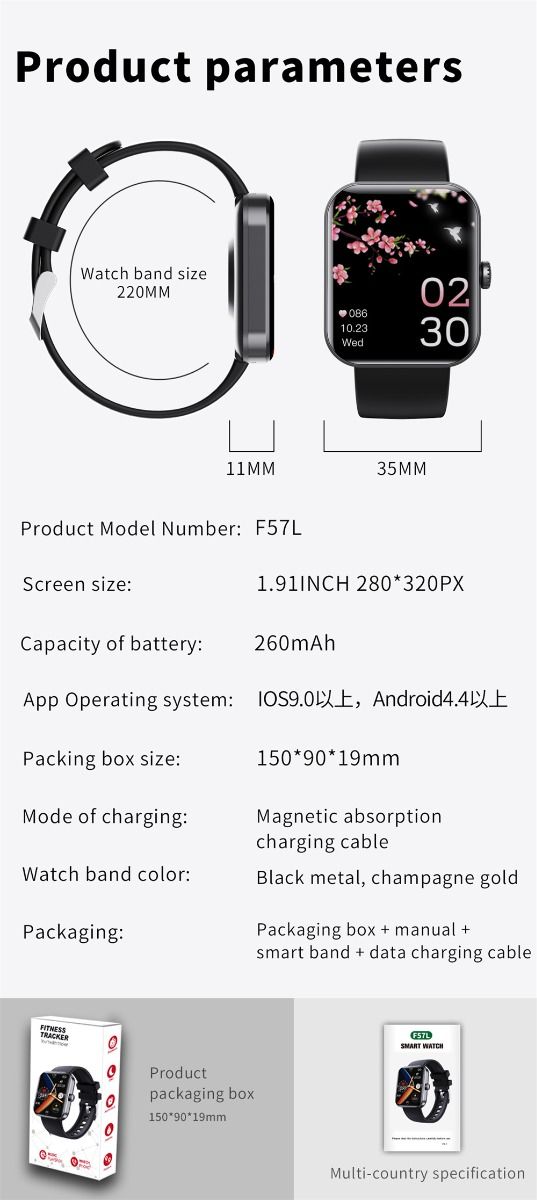 F57L Smart Watch Blood Glucose Blood Pressure Heart Rate Temperature Monitoring Sport Monitoring 1.91 Inch Sn