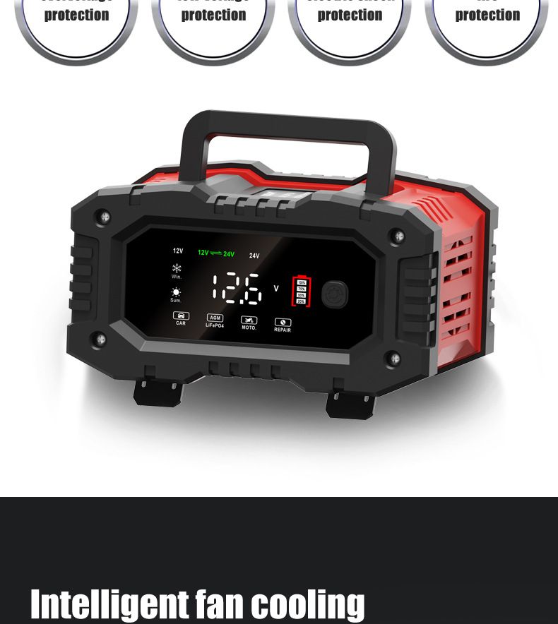 FOXSUR 20A Portable Car Battery Charger 12V 24V for Motorcycle Truck AGM LiFePO4 Lead Acid Battery Maintenance