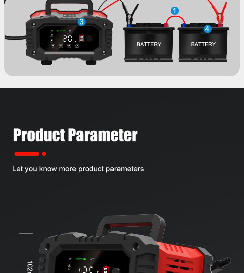 FOXSUR 20A Portable Car Battery Charger 12V 24V for Motorcycle Truck AGM LiFePO4 Lead Acid Battery Maintenance