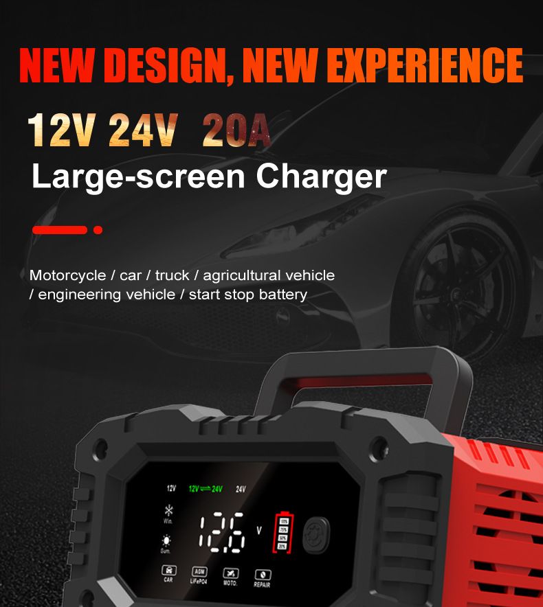 FOXSUR 20A Portable Car Battery Charger 12V 24V for Motorcycle Truck AGM LiFePO4 Lead Acid Battery Maintenance