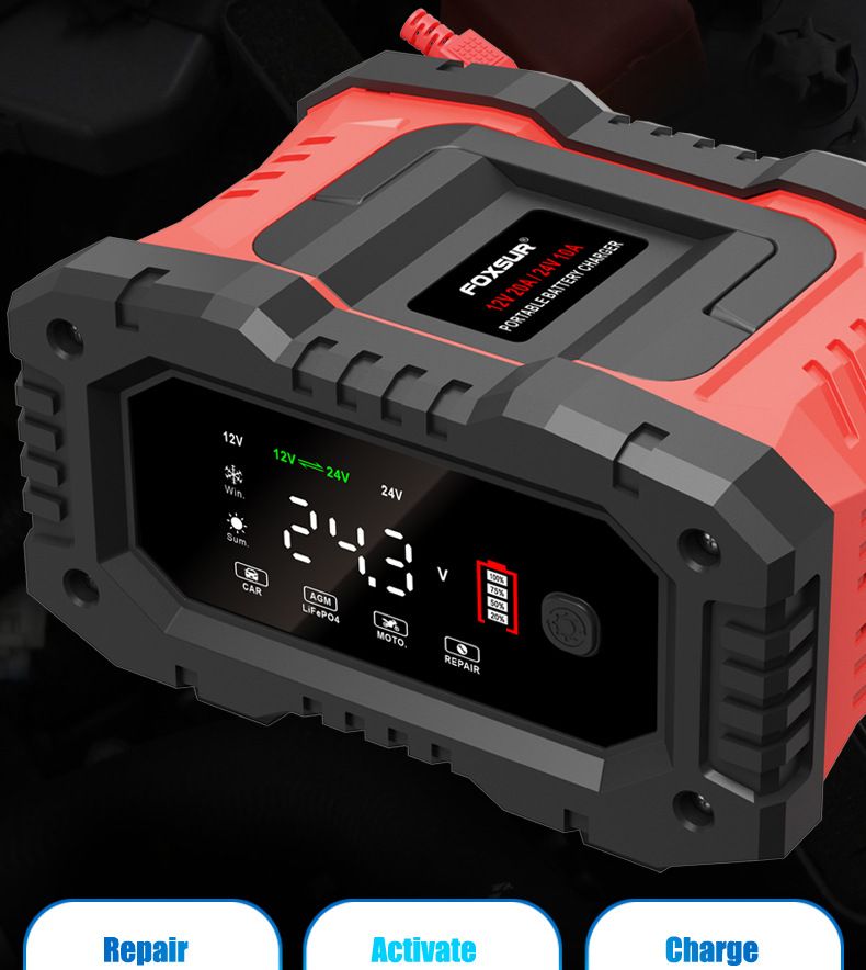 FOXSUR 20A Portable Car Battery Charger 12V 24V for Motorcycle Truck AGM LiFePO4 Lead Acid Battery Maintenance