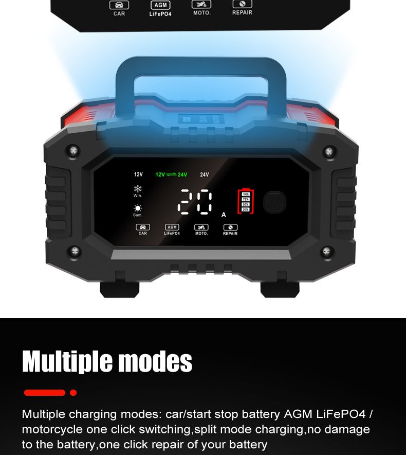 FOXSUR 20A Portable Car Battery Charger 12V 24V for Motorcycle Truck AGM LiFePO4 Lead Acid Battery Maintenance