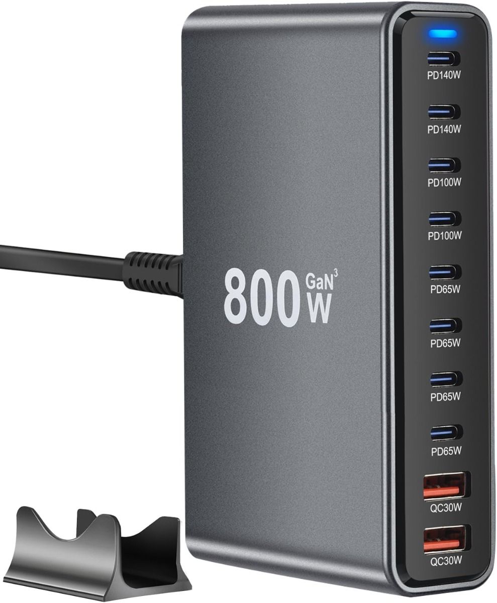 800W USB C Fast Charger Block, 10 Port USB Charging Station, GaN Ⅲ Pro Dual 140W PD PPS Port Charger Compatible